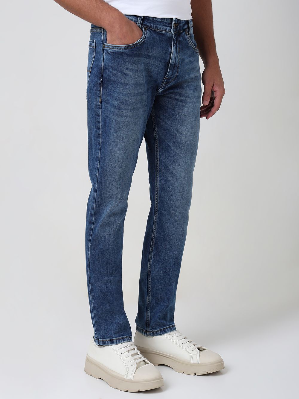 Mid Blue Straight Fit Originals Stretch Jeans