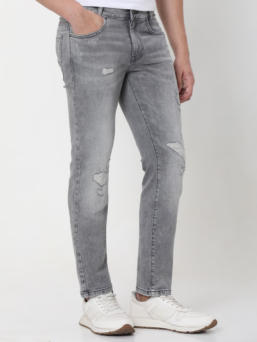 Grey Super Slim Fit Distressed Stretch Jeans