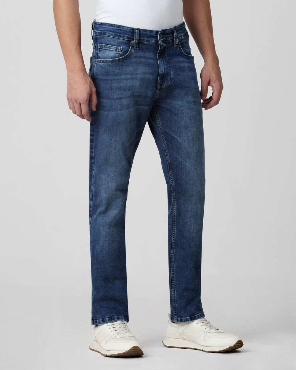 Mid Blue Relaxed Straight Fit Originals Stretch Jeans