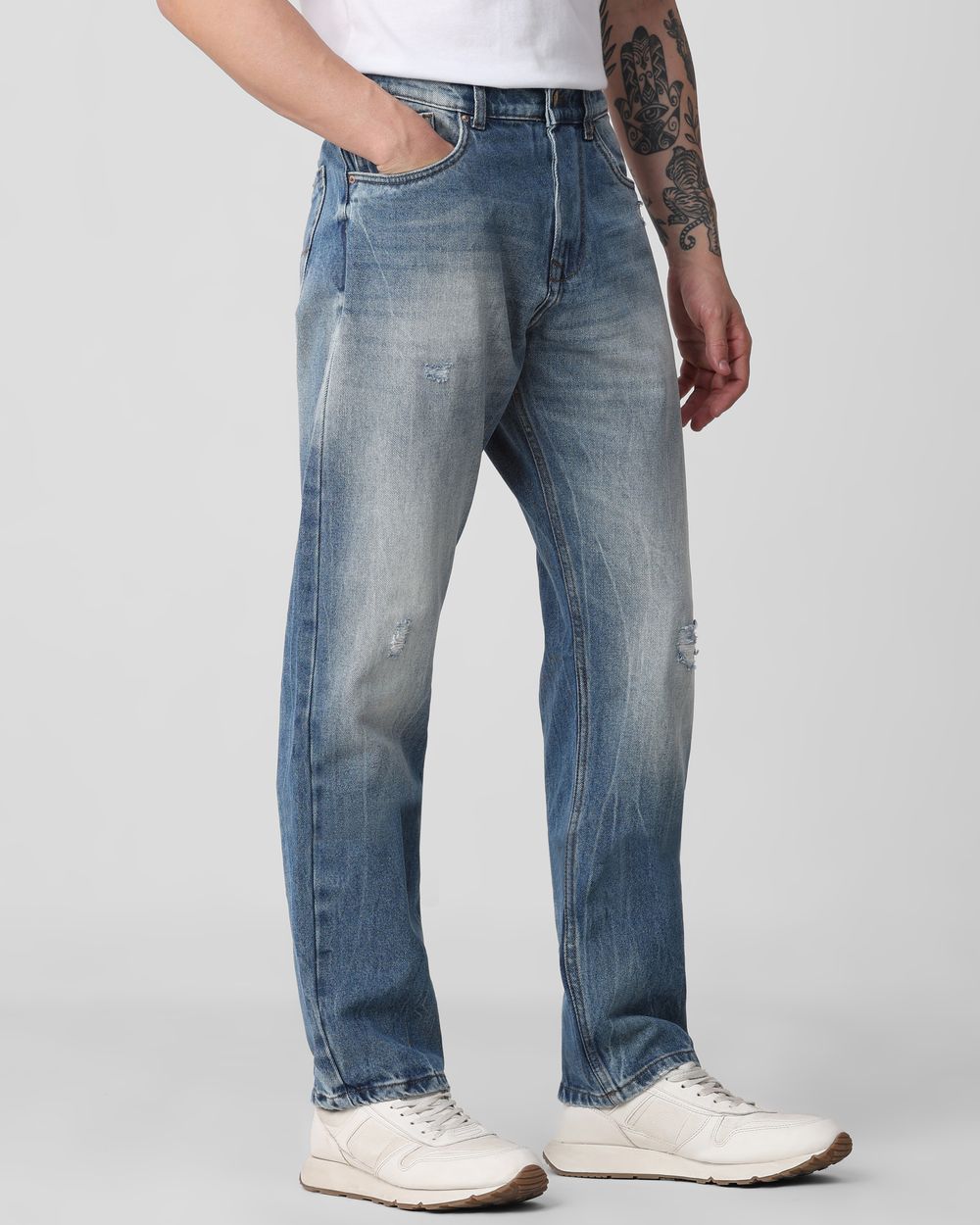 Mid Blue Loose Fit Distressed Stretch Jeans