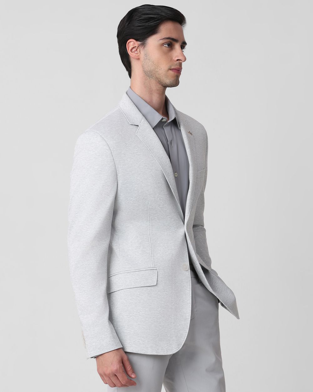 Light Grey Textured Plain Slim Fit Blazer