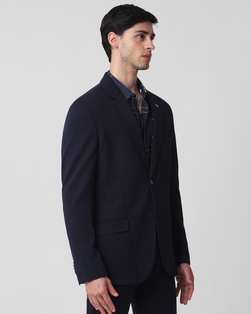 Navy Textured Plain Slim Fit Blazer