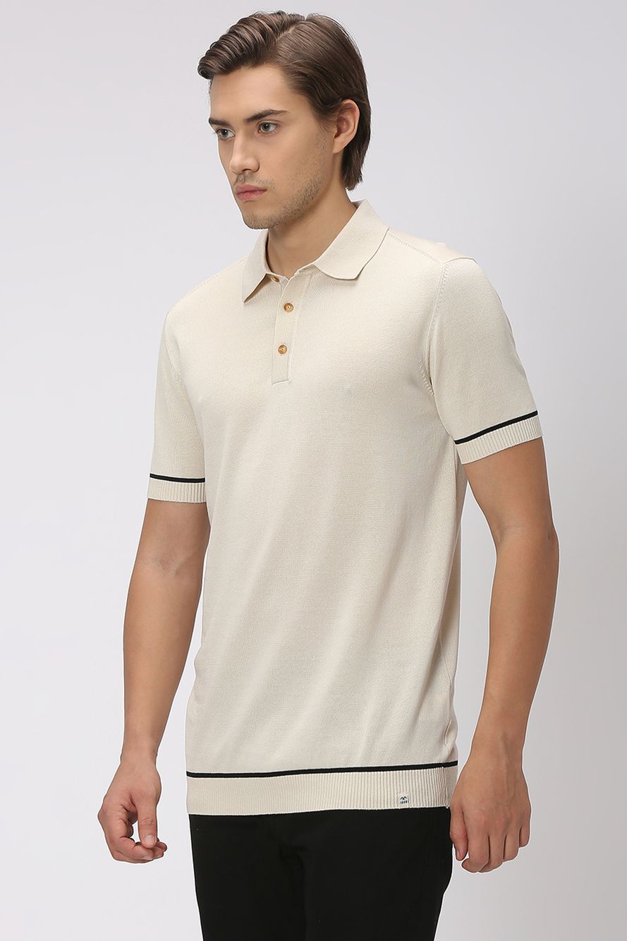 Off White Solid Flatknit Polo
