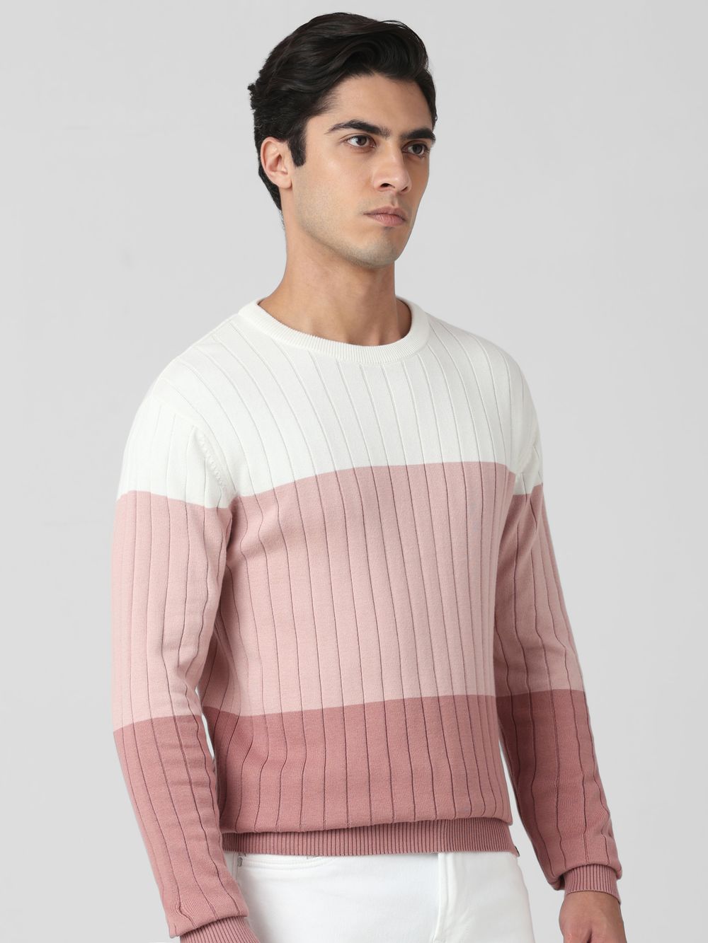 Peach Color-Blocked Slim Fit Sweater