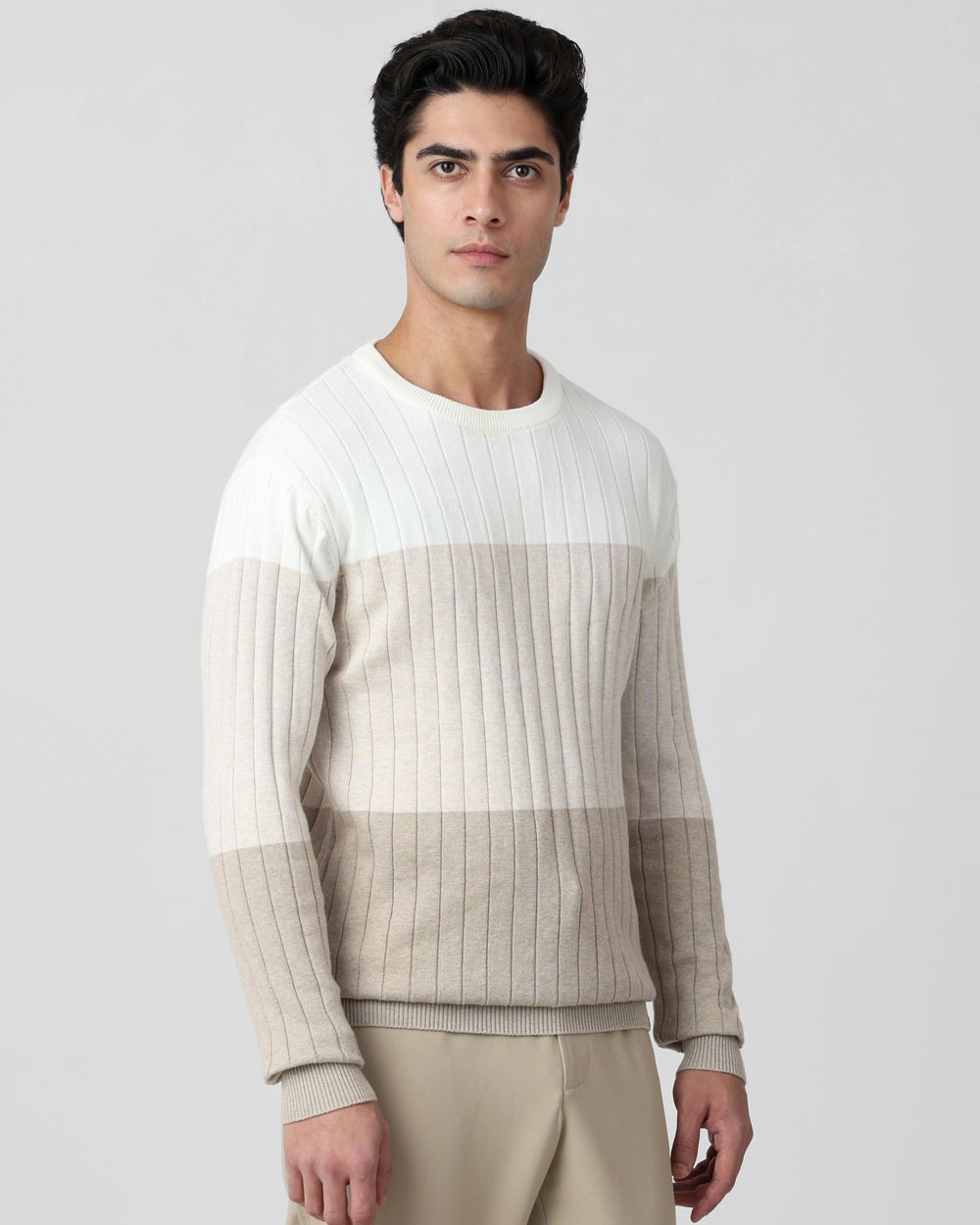 Beige Color-Blocked Slim Fit Sweater