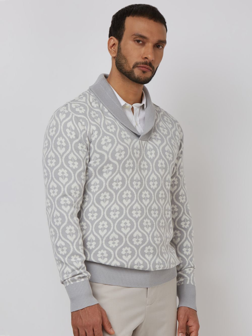 Light Grey Jacquard Slim Fit Sweater