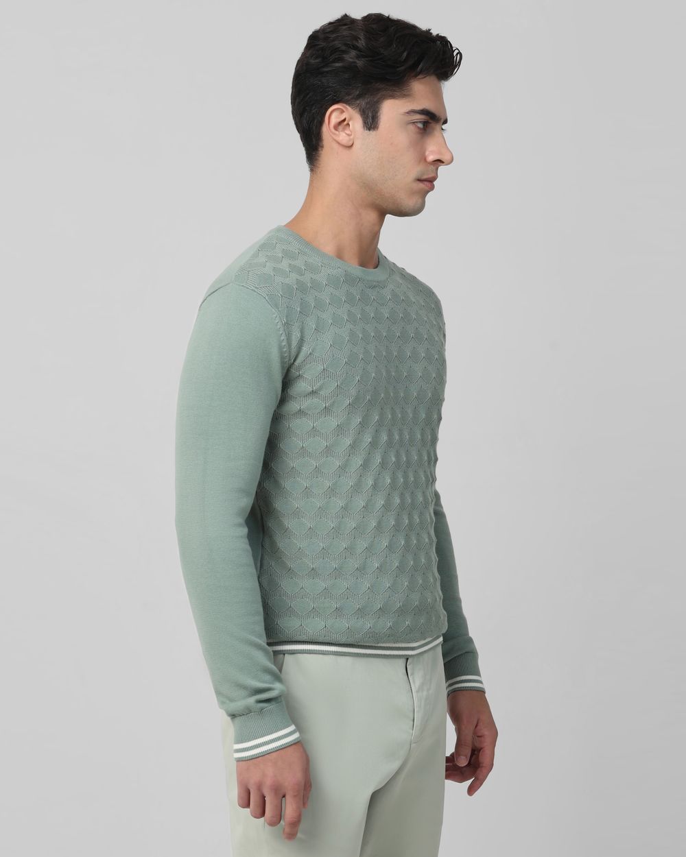 Light Olive Textured Plain Slim Fit Sweater