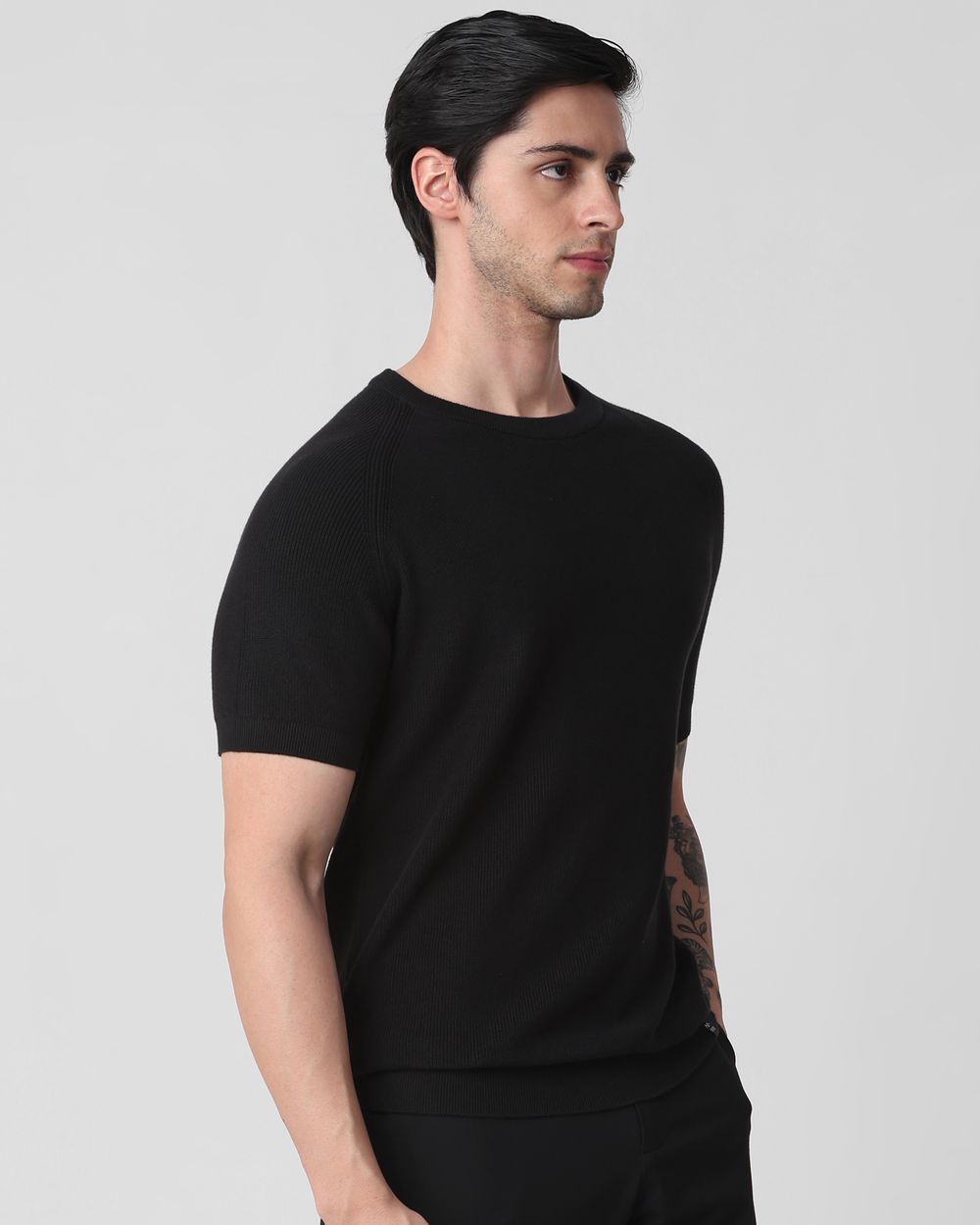 Black Textured Slim Fit Flatknit Tee