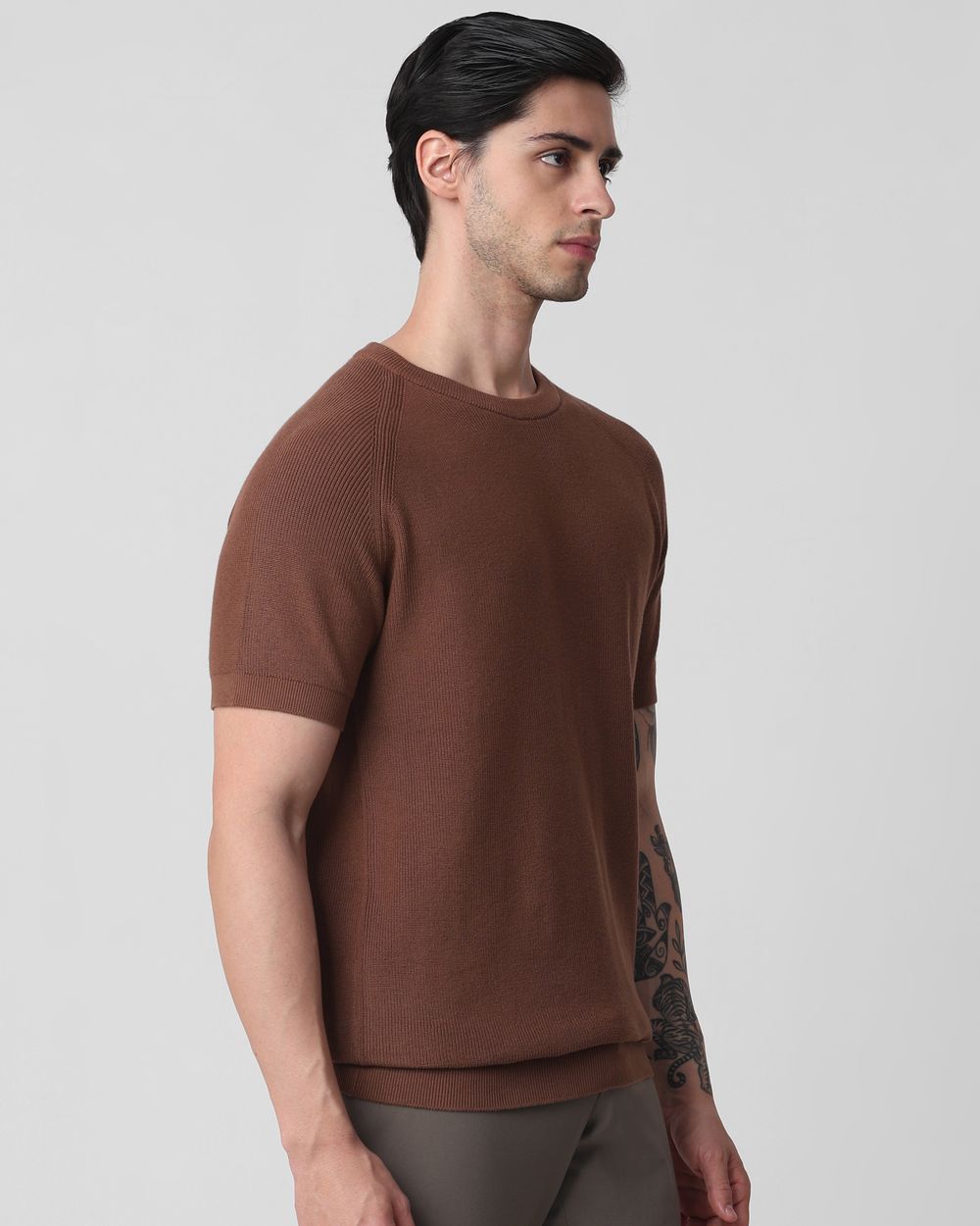 Brown Textured Slim Fit Flatknit Tee