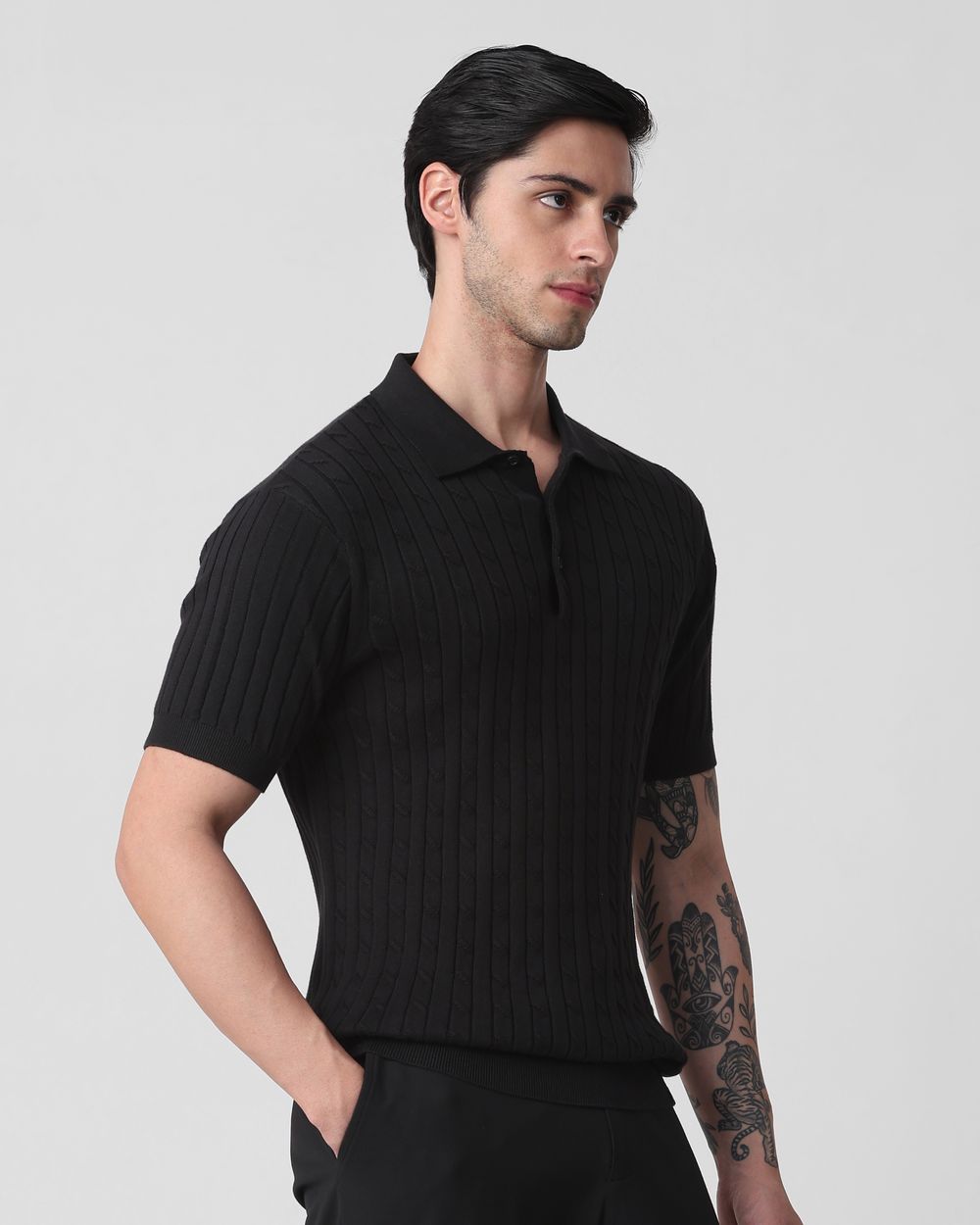 Black Self Stripe Flatknit Slim Fit Polo