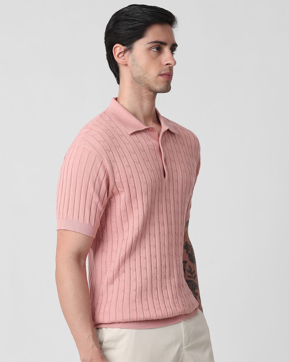 Pastel Pink Self Stripe Flatknit Slim Fit Polo
