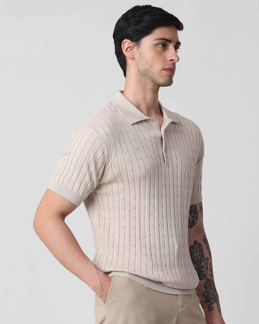 Beige Self Stripe Flatknit Slim Fit Polo