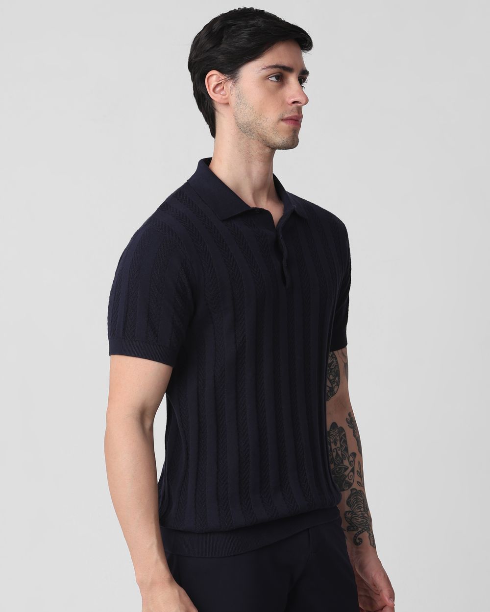 Navy Self Stripe Flatknit Slim Fit Polo