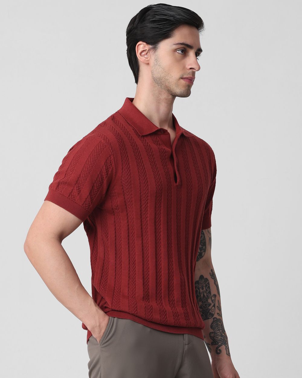 Rust Self Stripe Flatknit Slim Fit Polo