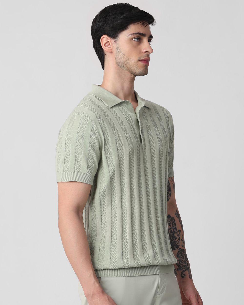 Light Olive Self Stripe Flatknit Slim Fit Polo