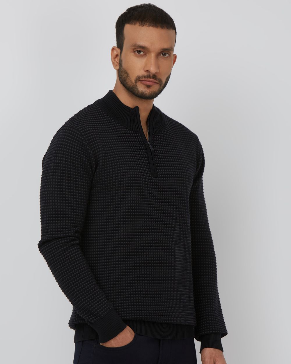 Navy Mock Neck Plain Slim Fit Sweater