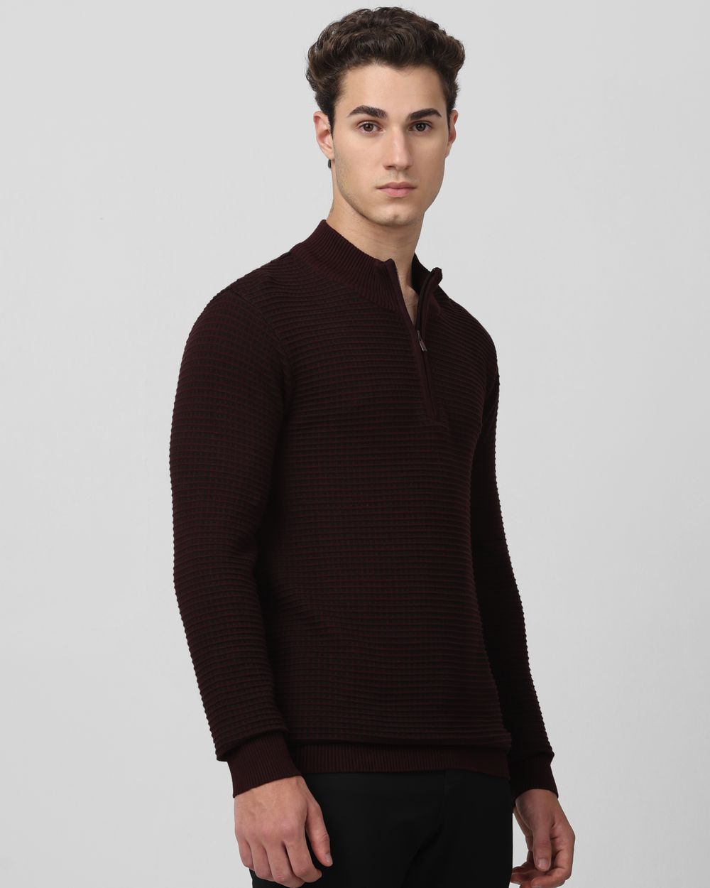 Maroon Mock Neck Plain Slim Fit Sweater