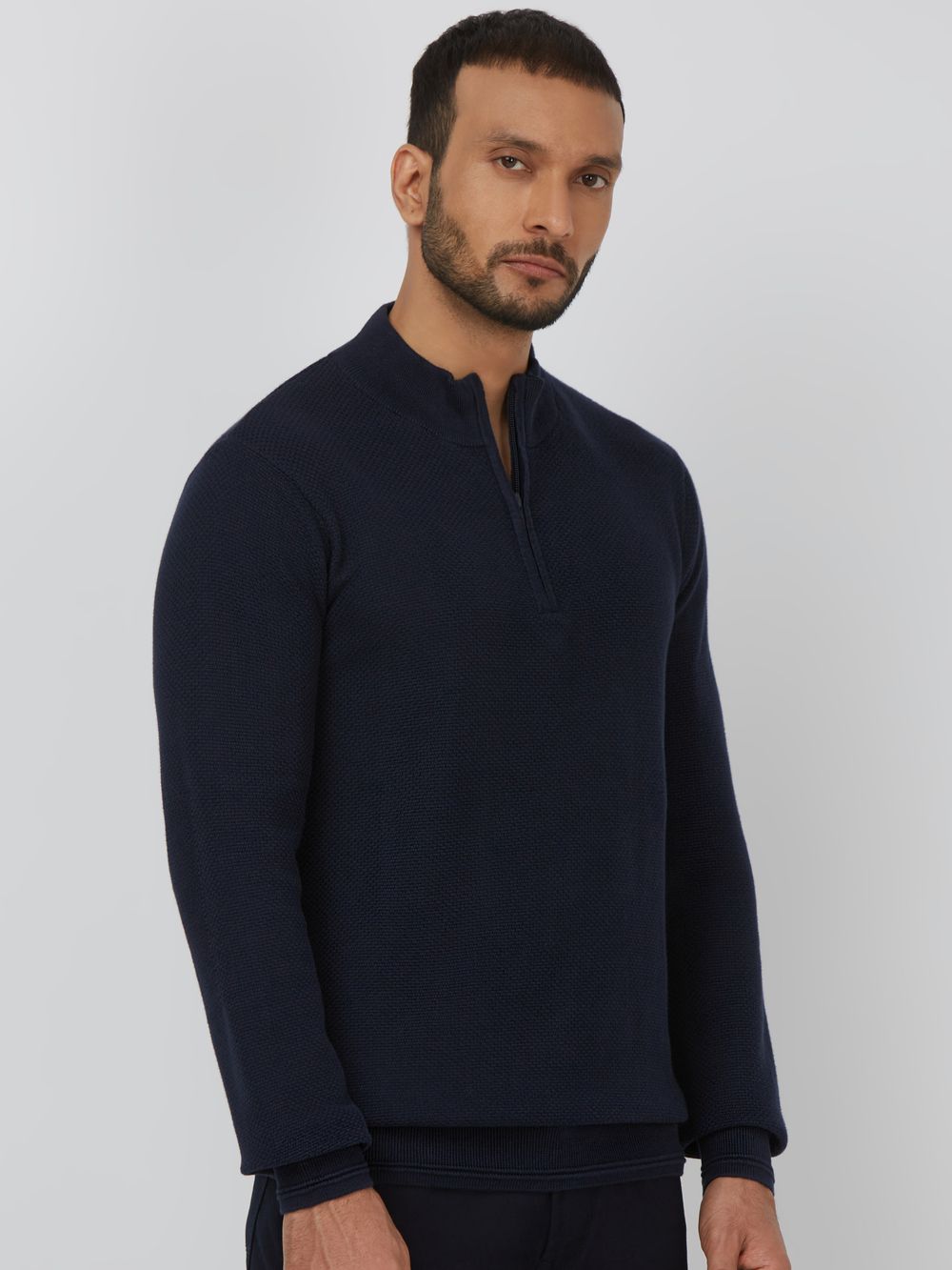 NAVY MOCK NECK HALF ZIP SLIM FIT SWEATER