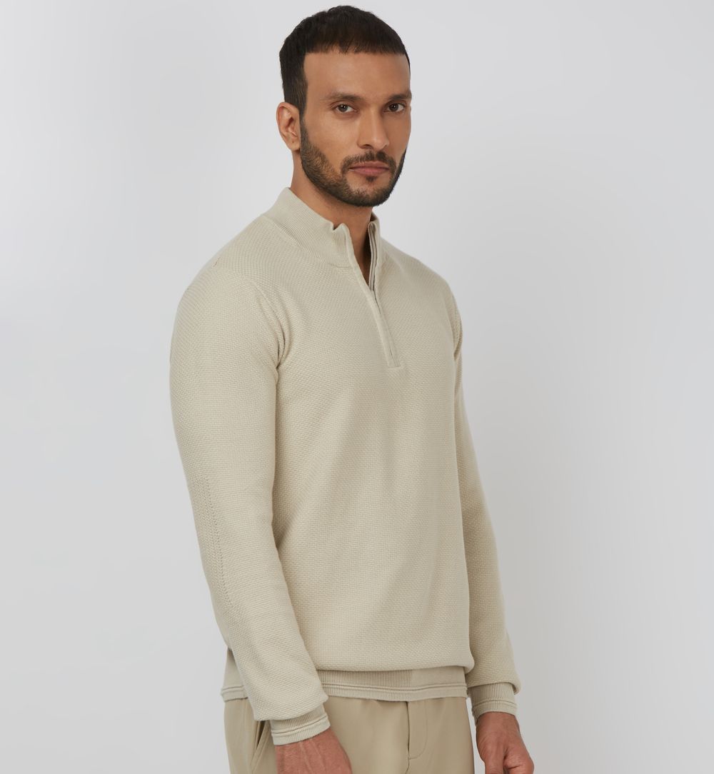 BEIGE MOCK NECK HALF ZIP SLIM FIT SWEATER