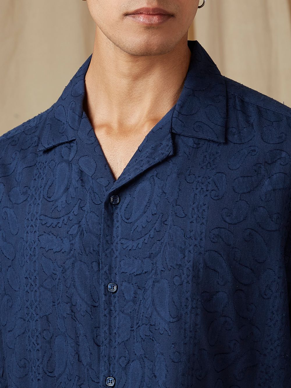 Navy Jacquard Plain Loose Fit Casual Shirt