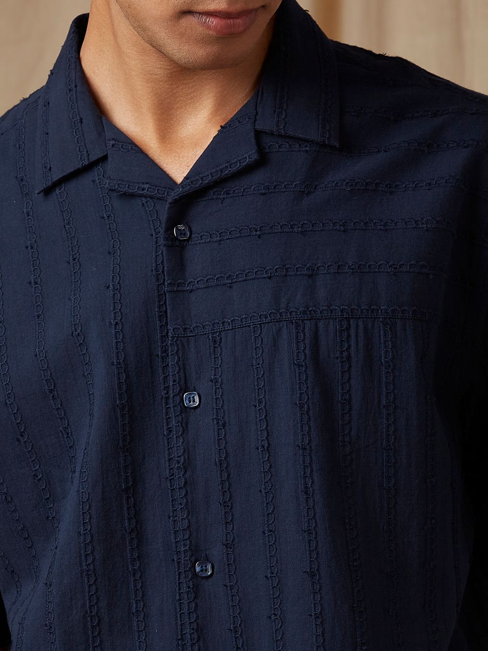 Navy Embroidered Plain Loose Fit Casual Shirt