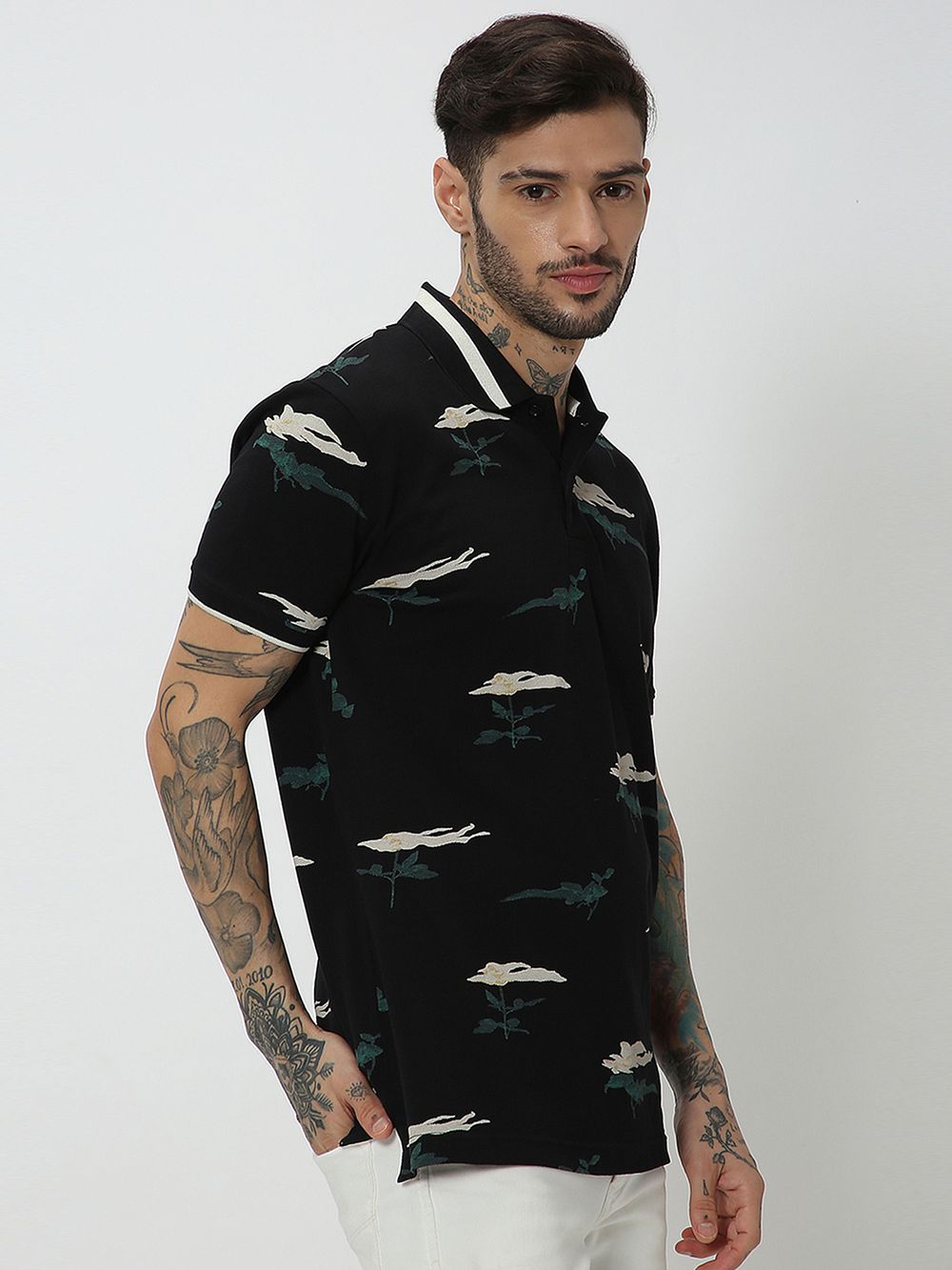 Black & White Print Pique Polo T-Shirt