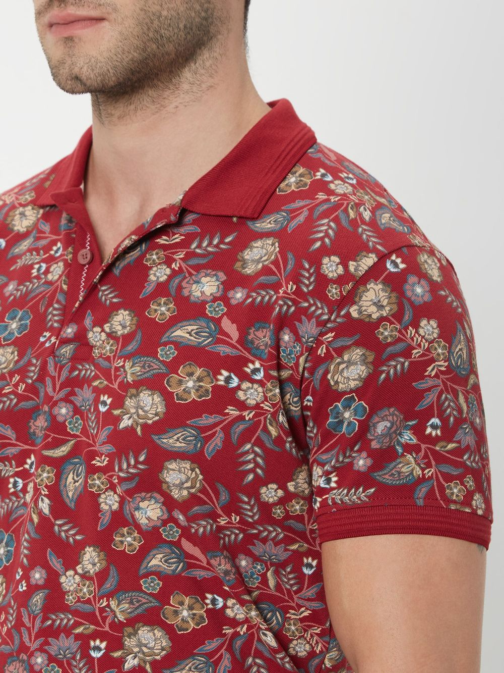 Maroon & Multi Floral Print Polo T-Shirt