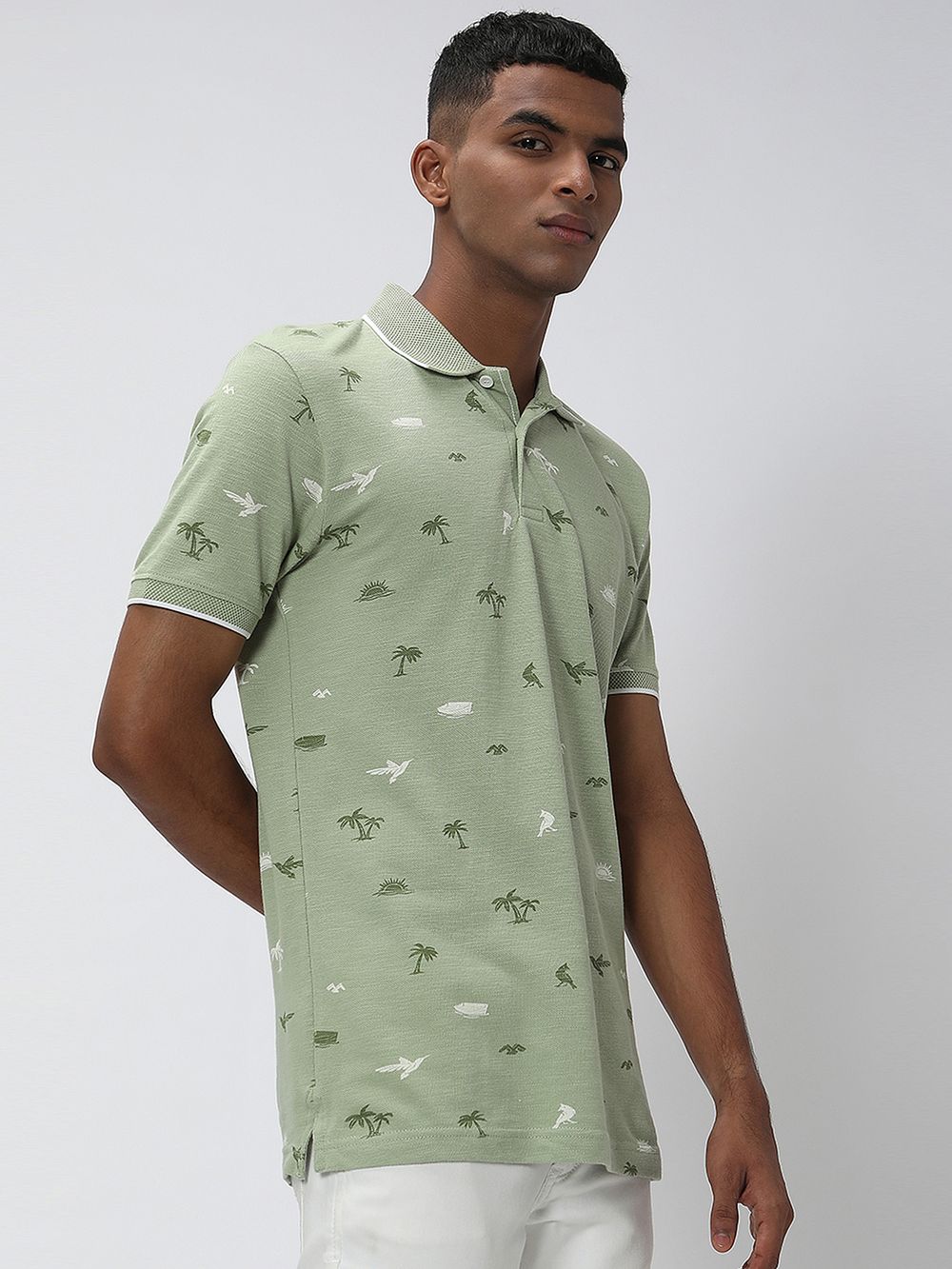 Light Olive & White Palm Print Polo T-Shirt