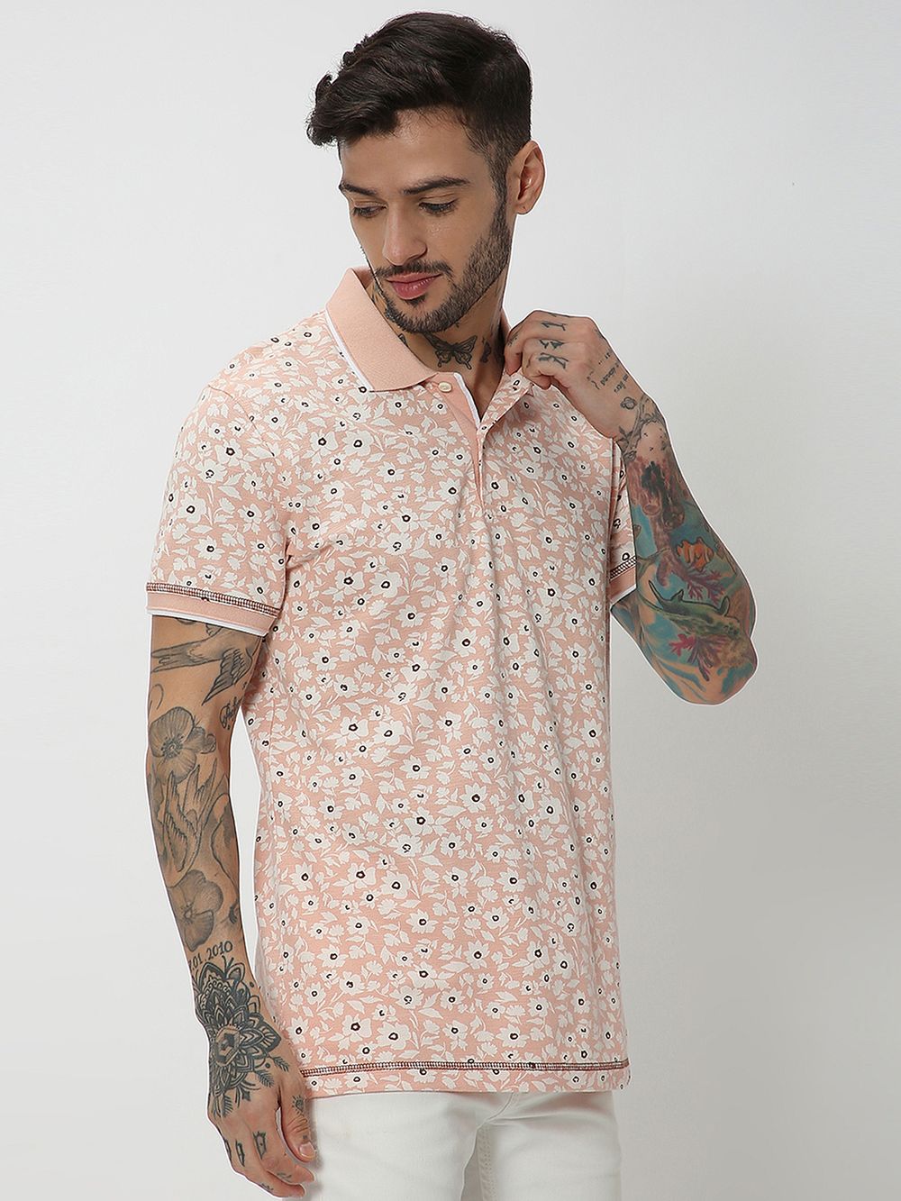 Peach & Off White Print Slub Pique Polo T-Shirt