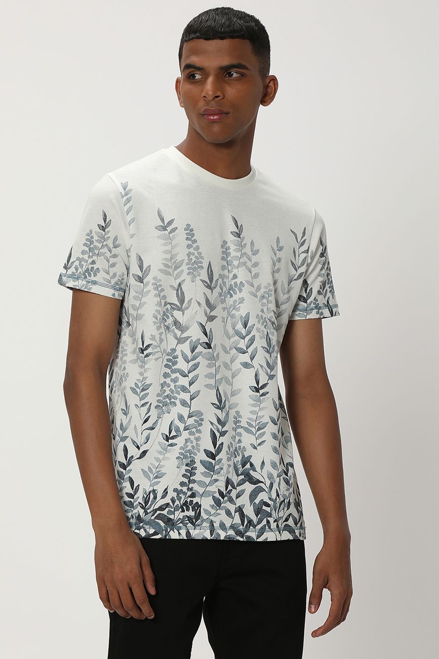 Off White & Navy Leaf Print Popcorn T-Shirt