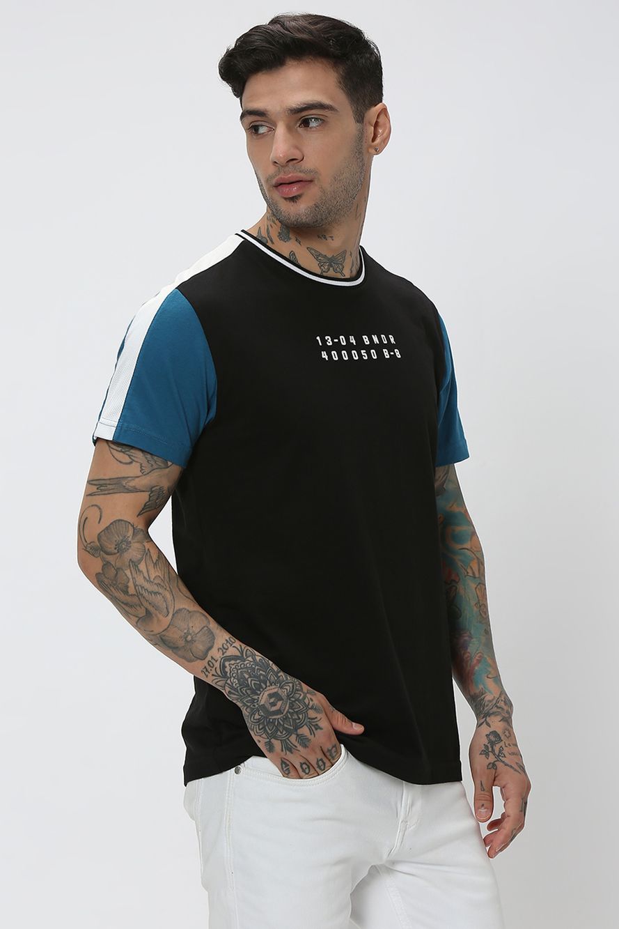Black & Teal Cut & Sew Knitted Jersey T-Shirt