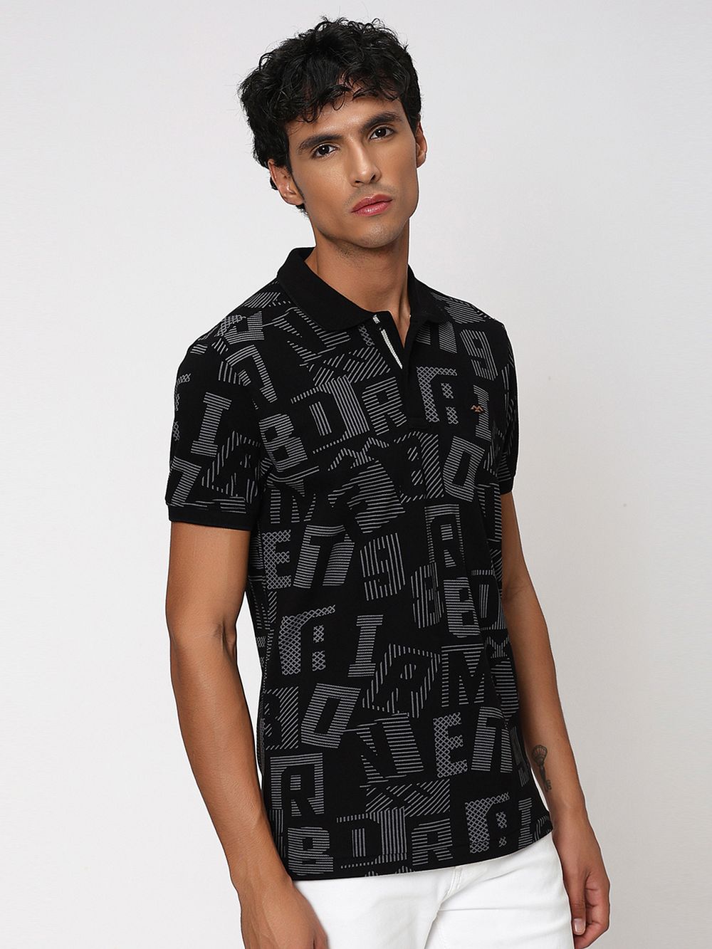 Black & Grey Abstract Print Pique Polo T-Shirt