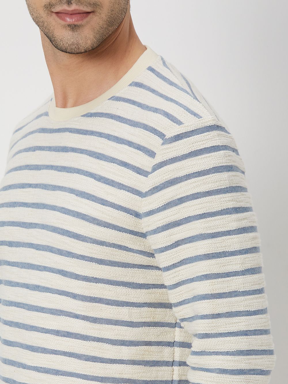Off White & Blue Textured Stripe Jersey T-Shirt