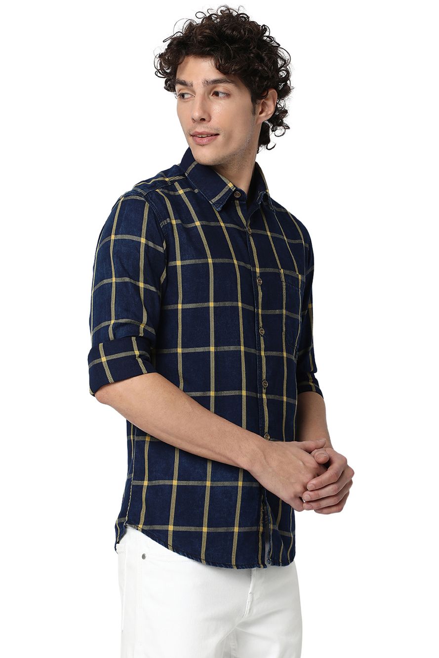 Indigo Blue & Mustard Windowpane Check Slim Fit Casual Shirt