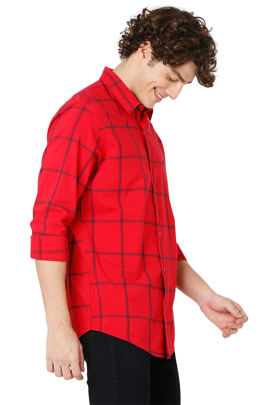 Red & Navy Bamboo Check Slim Fit Casual Shirt