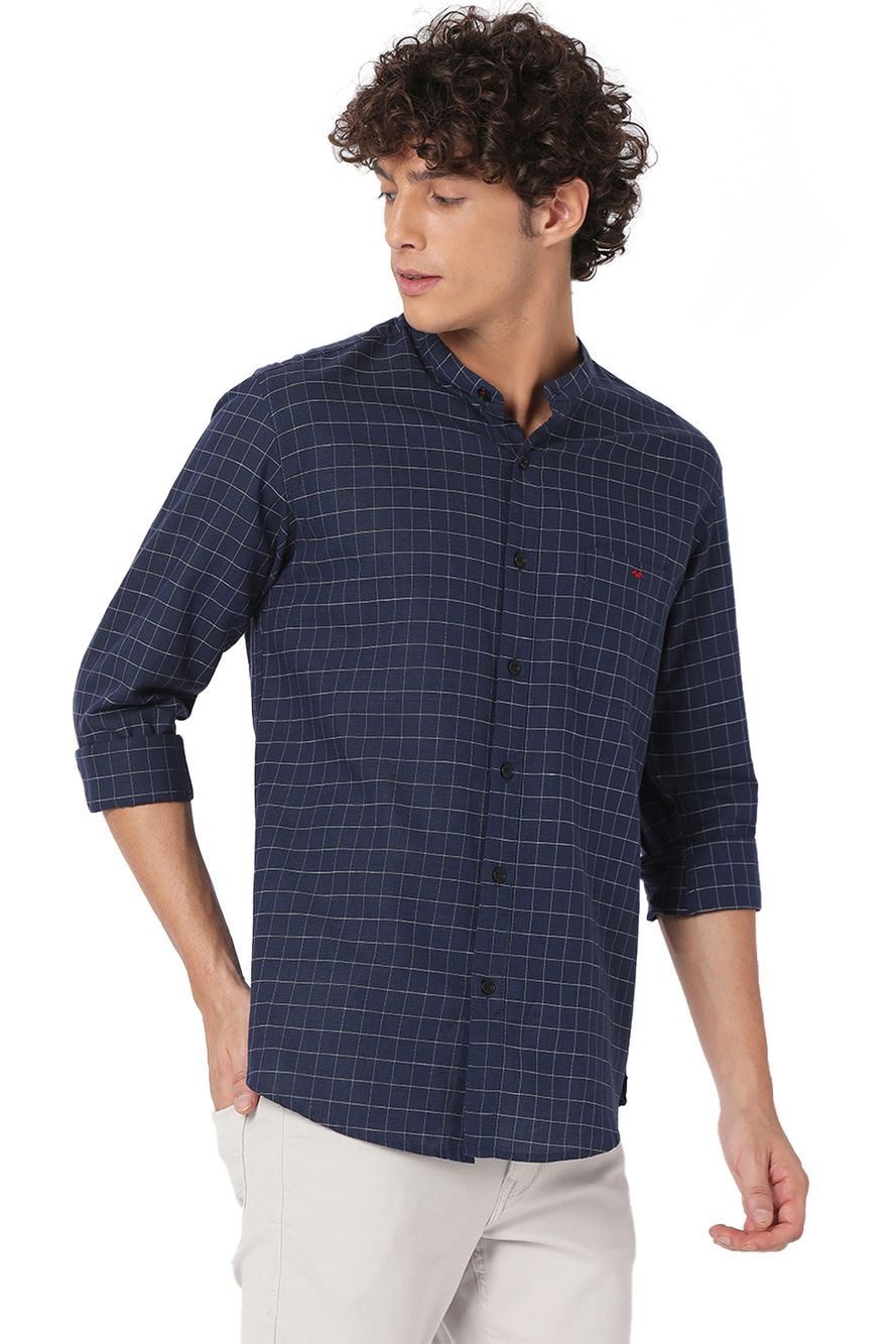 Navy & White Grid Check Slim Fit Casual Shirt