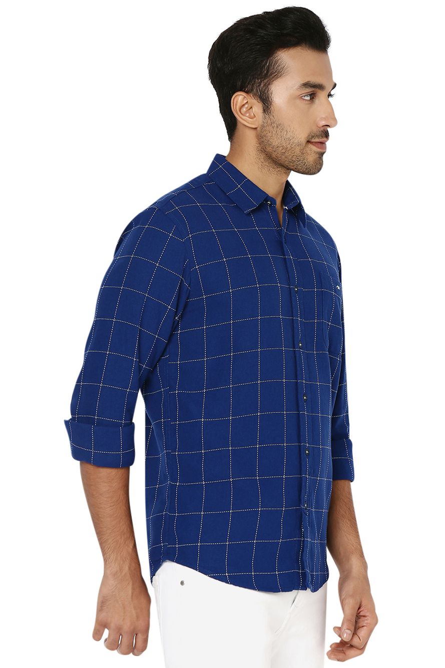 Navy & Off White Windowpane Check Slim Fit Casual Shirt