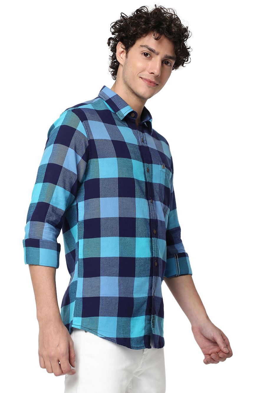 Turquoise & Navy Madras Check Slim Fit Casual Shirt