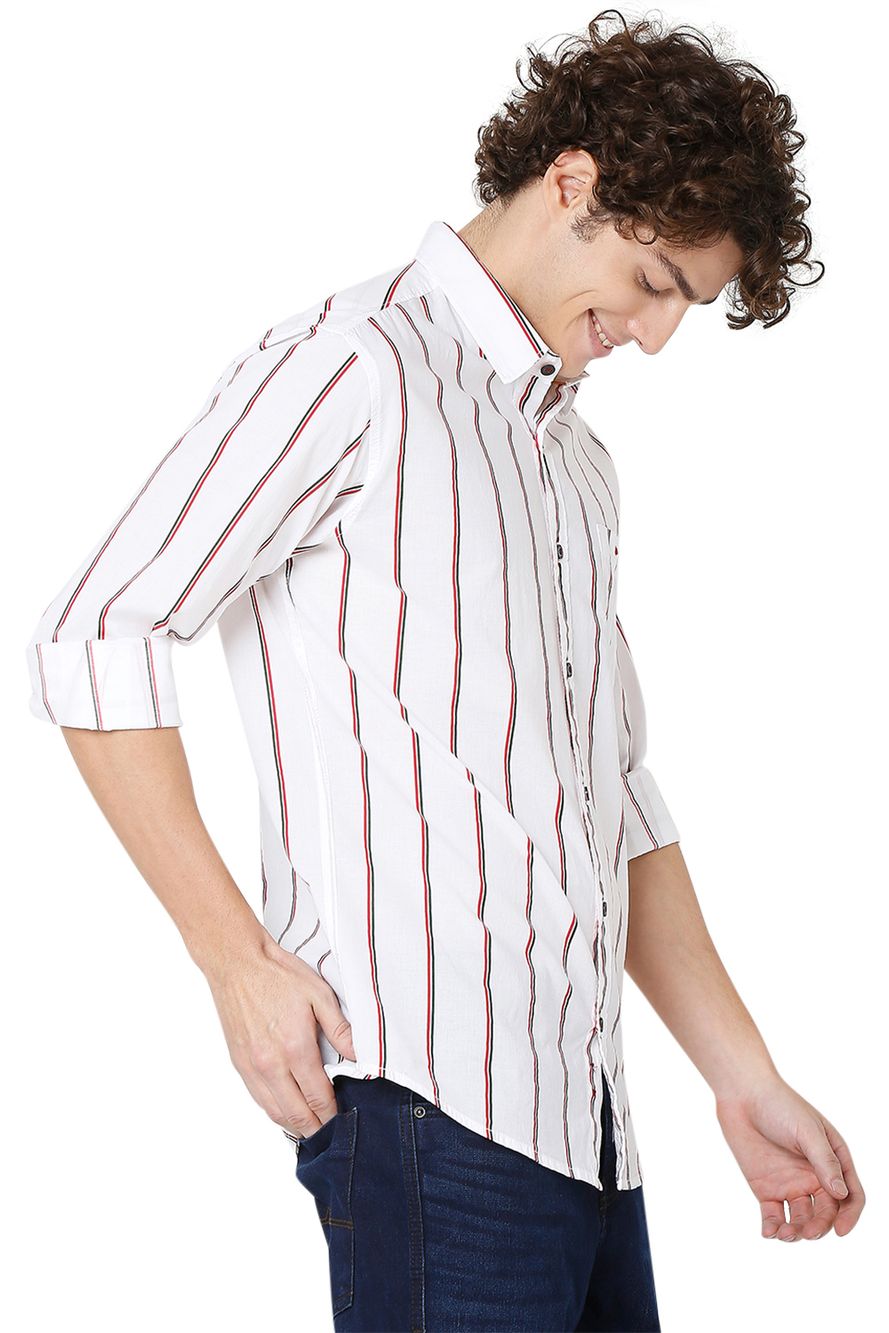 White & Red Lightweight Stripe Slim Fit Casual Shirt