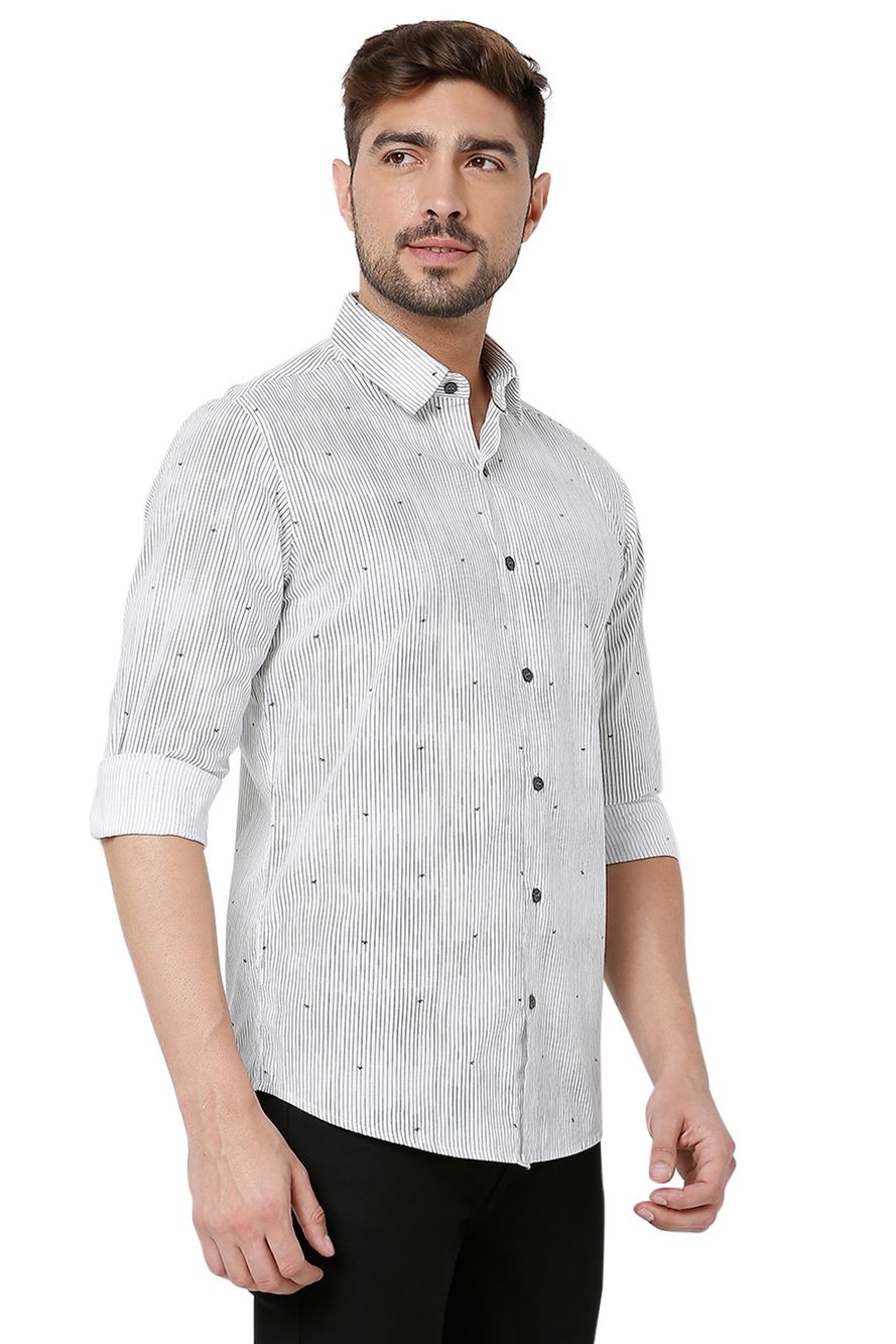 White & Black Logo Stripe Slim Fit Casual Shirt