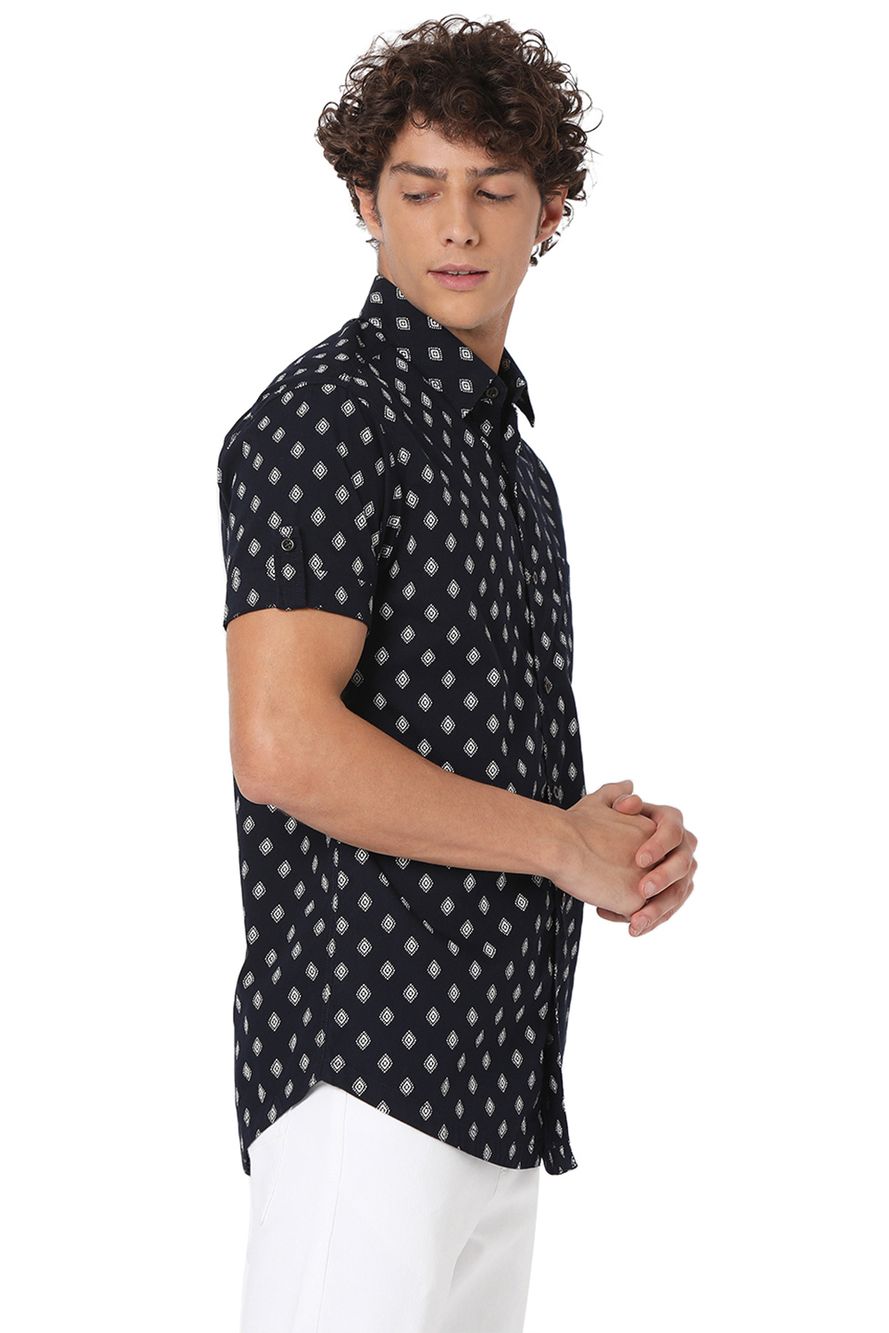 Navy & White Print Slim Fit Casual Shirt