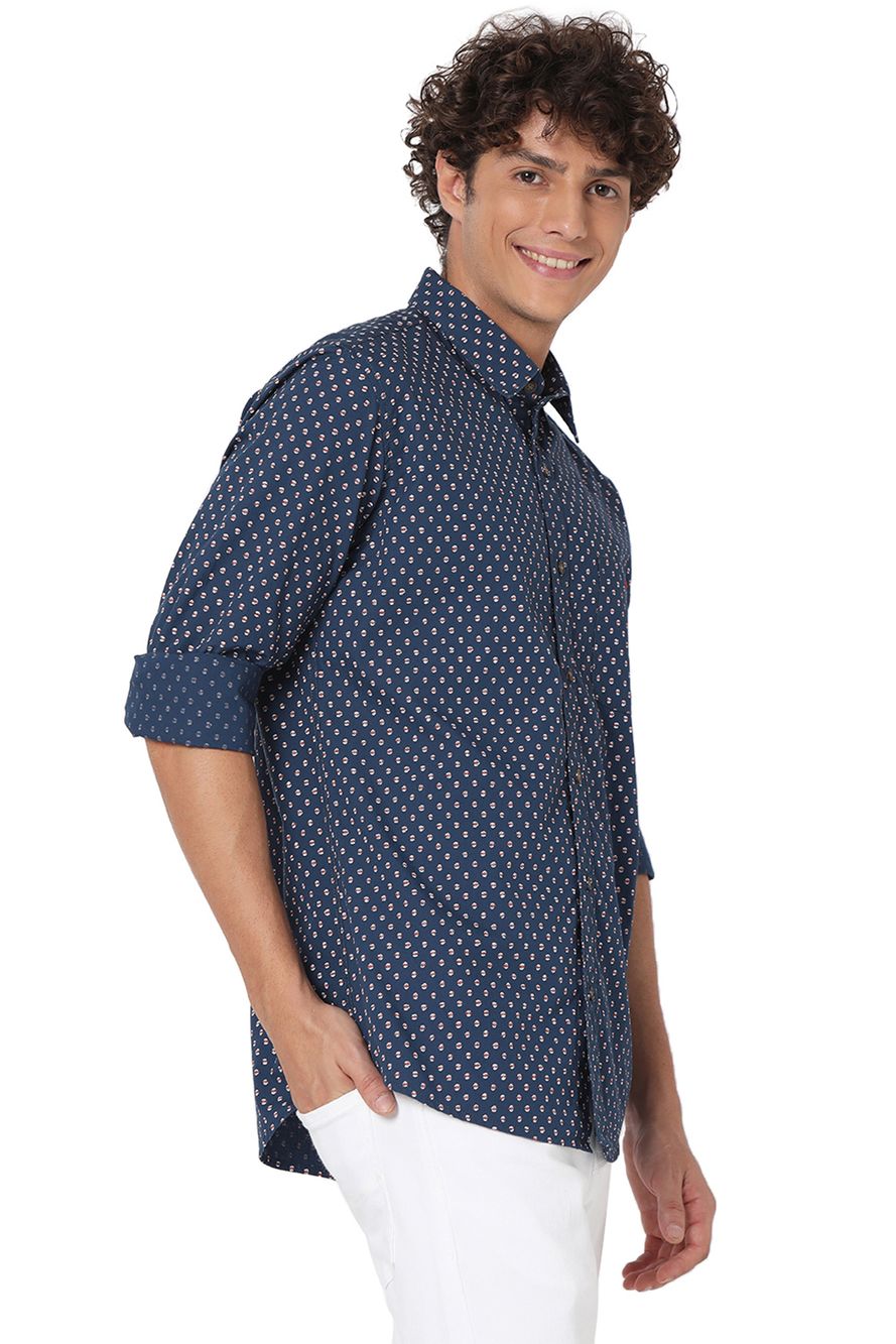 Navy & White Print Slim Fit Casual Shirt