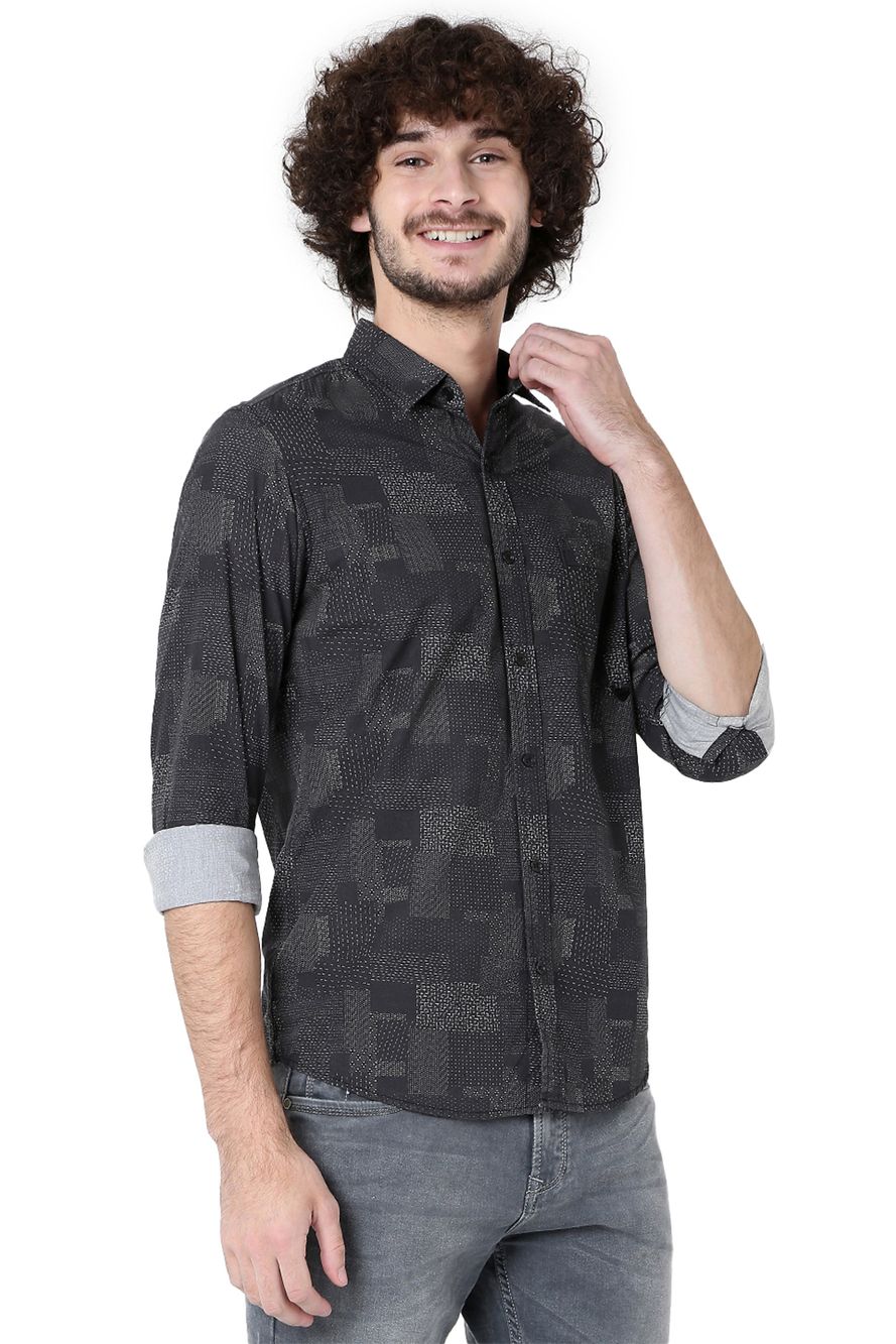 Charcoal & Light Grey Patchwork Print Slim Fit Casual Shirt