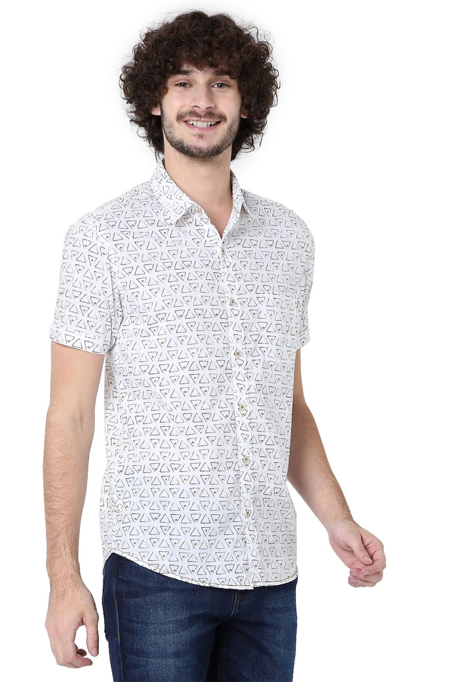 White & Mustard Geometric Print Slim Fit Casual Shirt