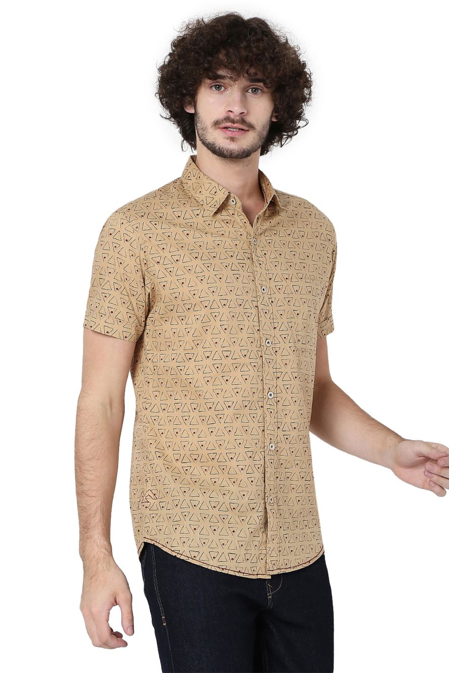 Light Khaki & Rust Geometric Print Slim Fit Casual Shirt