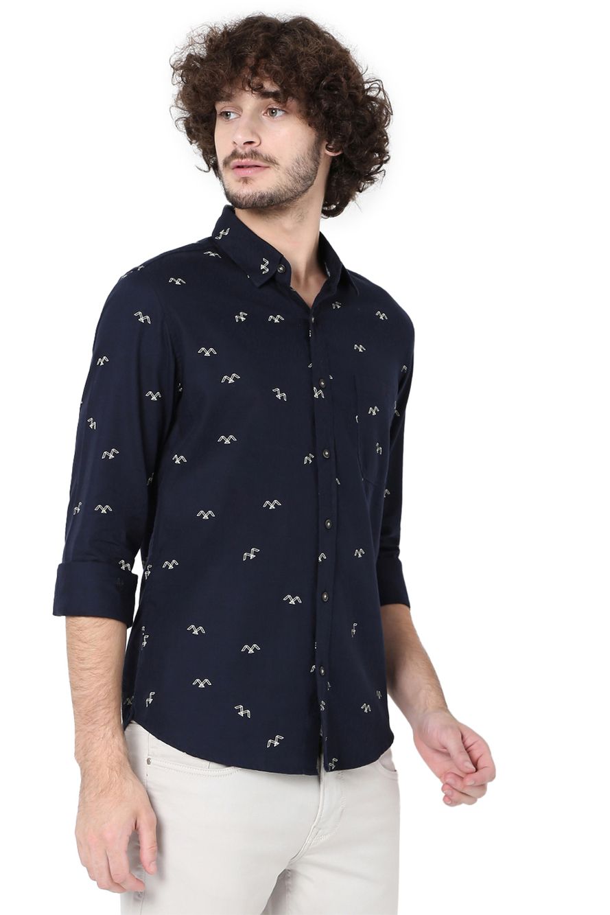 Navy & Off White Logo Print Slim Fit Casual Shirt