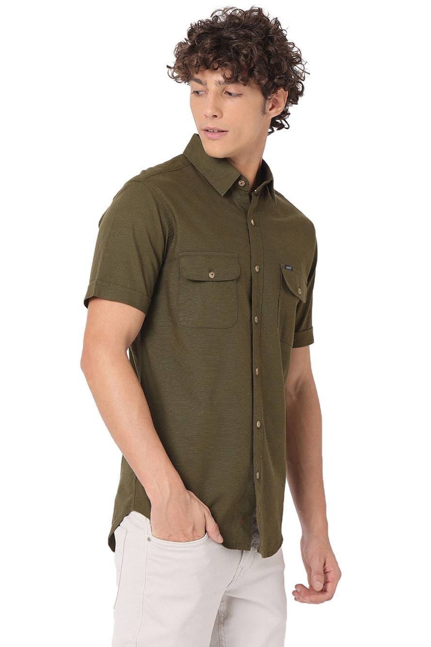 Olive Cotton Linen Military Slim Fit Casual Shirt