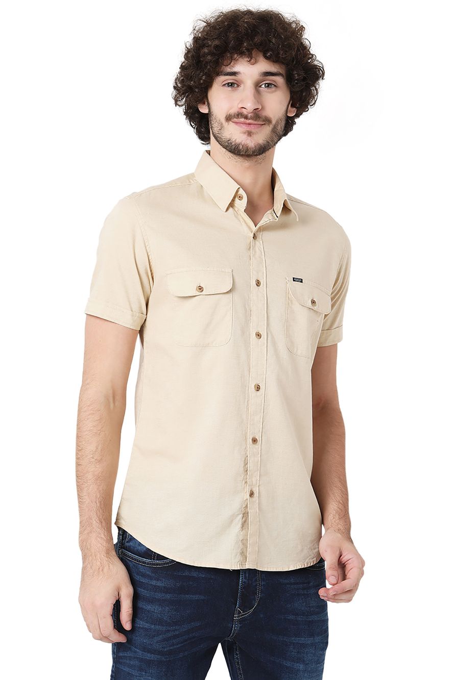 Beige Cotton Linen Military Slim Fit Casual Shirt