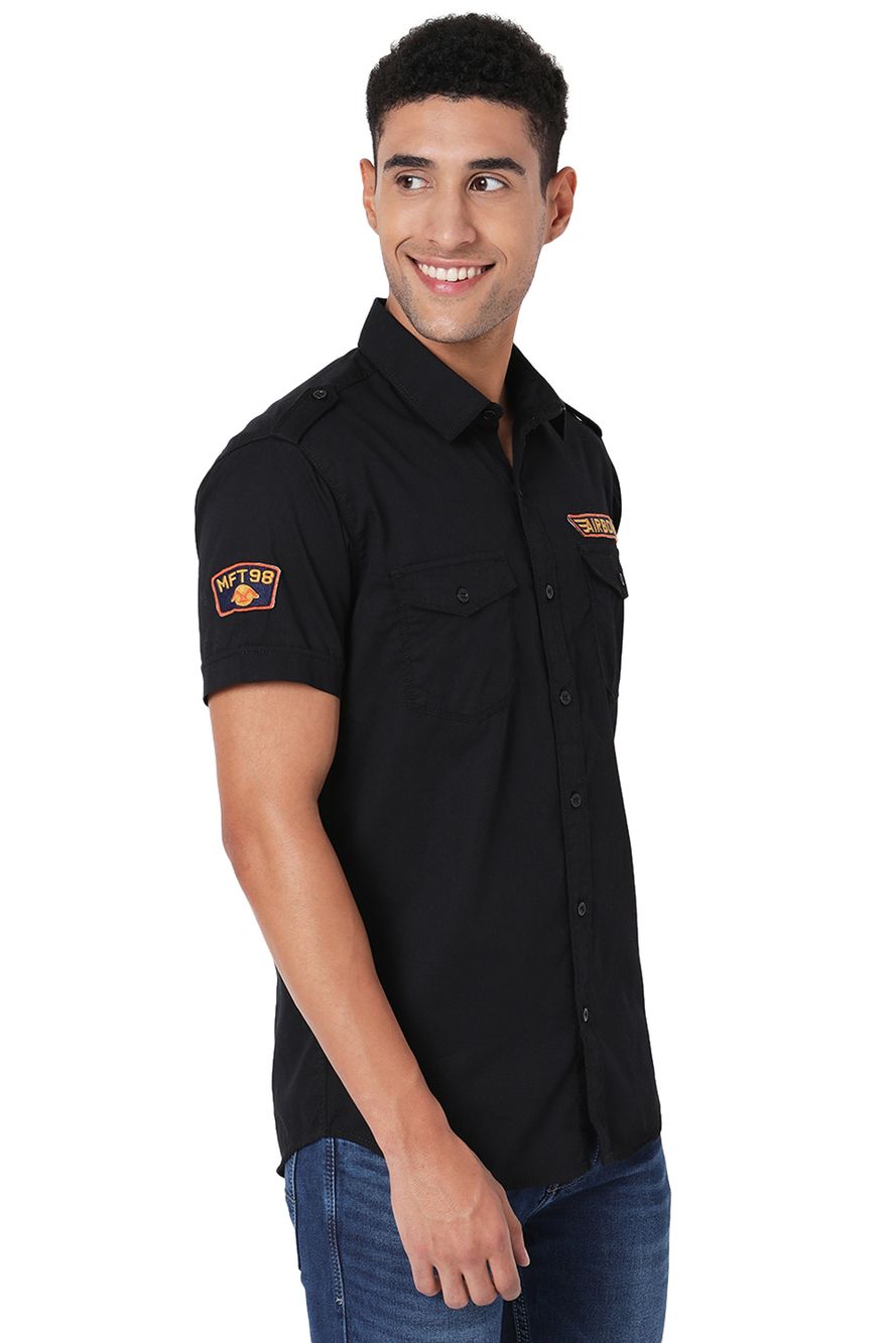 Black Badged Slim Fit Casual Shirt