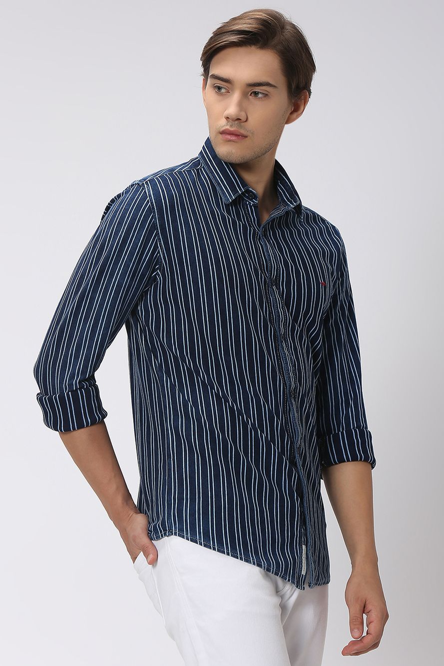 Mid Blue & Off White Pin Stripe Denim Shirt